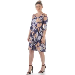 24seven Comfort Apparel Blue Rose Three Quarter Sleeve Pleated Dress