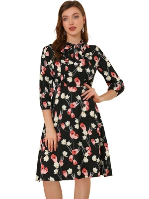 Allegra K Women's Floral Tie Neck 3/4 Sleeve Office Work Midi Flowy Flare Dress - Image 8