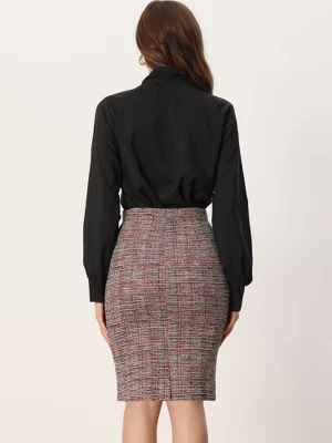 Allegra K Women's Plaid Tweed High Waist Split Office Pencil Wrap Skirt - Image 2