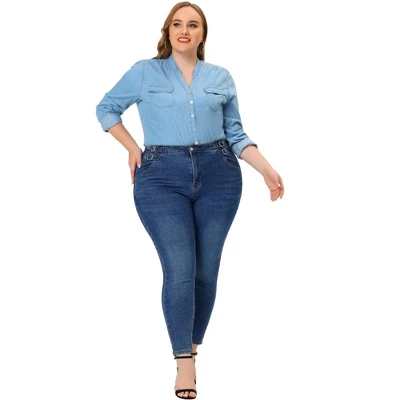 Agnes Orinda Women's Plus Size Jean High Waist Buckle Decor Slash Pocket Work Stretch Washed Denim Skinny Jeans - Image 3