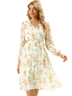Allegra K Women's Boho Floral V Neck Tie Waist Long Sleeve Casual Chiffon Wrap Midi Dress - Image 5