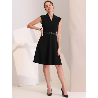 Allegra K Women's V Neck Wear To Work Sleeveless Flare Knee Length Dresses - Image 3
