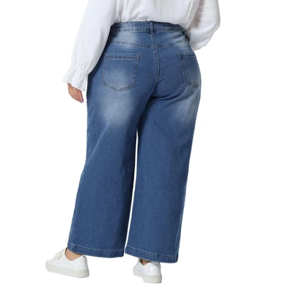 Agnes Orinda Women's Plus Size Wide Leg Baggy Washed Stretch With Pockets Denim Ankle Jeans - Image 3