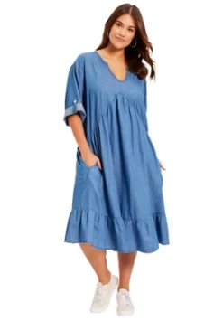 June + Vie By Roaman's Women’s Plus Size Ruffled Denim Talluhla Dress