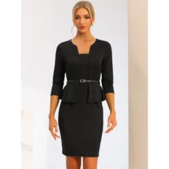 Allegra K Women's Pencil Knee Length 3/4 Sleeve Belted Work Peplum Sheath Dress