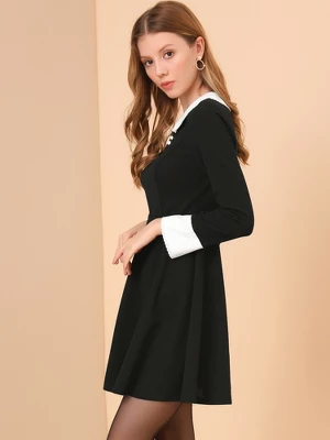 Allegra K Women's Peter Pan Collar Contrast Button Decor Long Sleeve Flare Dress - Image 3