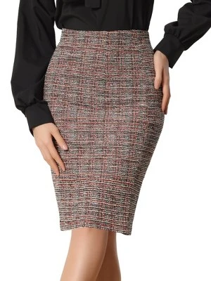 Allegra K Women's Plaid Tweed High Waist Split Office Pencil Wrap Skirt - Image 4