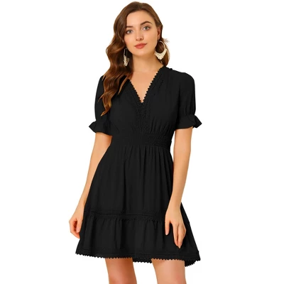 Allegra K Women's V Neck Smocked Elastic Waist Short Sleeve Boho Crochet Trim Mini Dress - Image 10