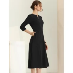 Allegra K Women's Elegant Split Neck Pockets 3/4 Sleeve Work A-Line Dress