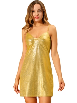 Allegra K Women's Sparkly Metallic Spaghetti Strap Party Mini Dress - Image 7