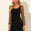 Allegra K Women's Mesh Sheer Puff Long Sleeve Square Neck Glitter Star Mini Velvet Dress