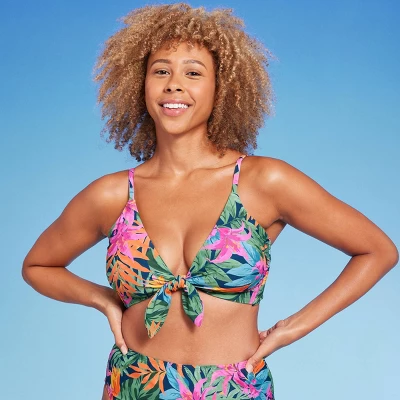 Women's Tie-Front Longline Bikini Top - Shade & Shore™ Multi Tropical Floral Print - Image 3
