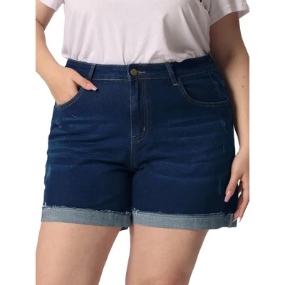 Agnes Orinda Women's Plus Size Denim Roll Hem High-Rise Stretch Trendy Jean Shorts - Image 5