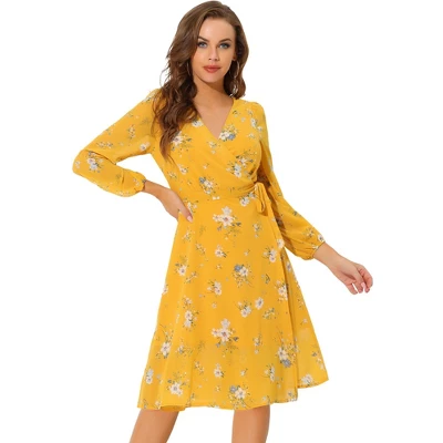 Allegra K Women's Boho Floral V Neck Tie Waist Long Sleeve Casual Chiffon Wrap Midi Dress - Image 8