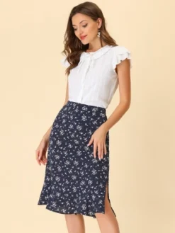 Allegra K Women's Floral Ruffle Elastic High Waist Button Flowy Split Midi Skirt