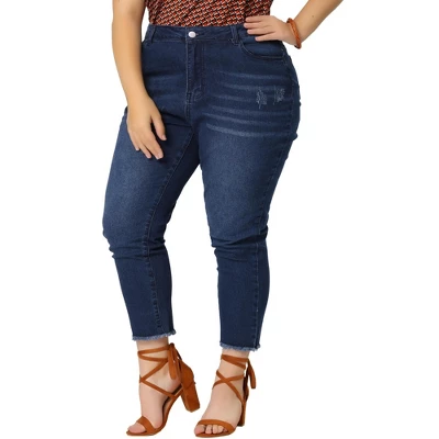 Agnes Orinda Women's Plus Size Denim Pants Frayed Washed Ankle Jeans With Slash Pockets - Image 6