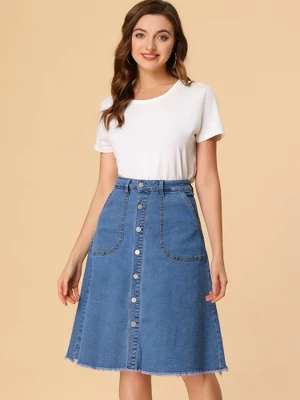 Allegra K Women's Denim Skirts Raw Hem Button Down Midi Jeans Skirt - Image 2