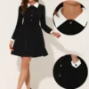 Allegra K Women's Vintage Peter Pan Collar Contrast Half Placket Long Sleeve A-Line Swing Short Dress