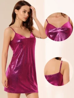 Allegra K Women's Sparkly Metallic Spaghetti Strap Party Mini Dress