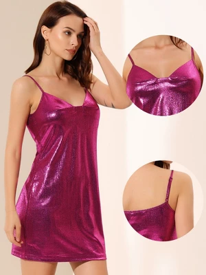 Allegra K Women's Sparkly Metallic Spaghetti Strap Party Mini Dress