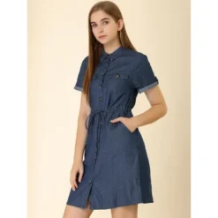 Allegra K Women's Jean Chambray Summer Casual Button Down Denim Dresses