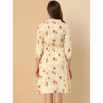 Allegra K Women's Floral Tie Neck 3/4 Sleeve Office Work Midi Flowy Flare Dress - Image 4