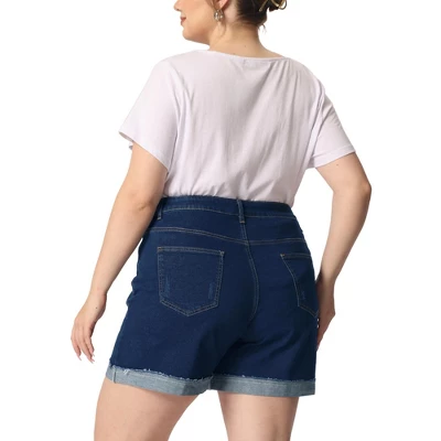 Agnes Orinda Women's Plus Size Denim Roll Hem High-Rise Stretch Trendy Jean Shorts - Image 3