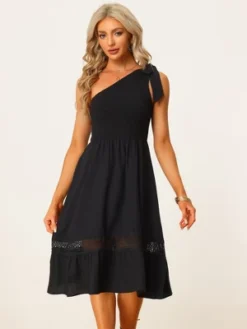 Allegra K Womens' One Shoulder Sleeveless Smocked Summer Dress