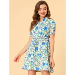 Allegra K Women's Point Collar Floral Button Up Tie Waist Summer Dresses