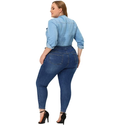 Agnes Orinda Women's Plus Size Jean High Waist Buckle Decor Slash Pocket Work Stretch Washed Denim Skinny Jeans - Image 4