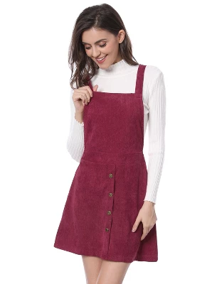 Allegra K Women's Corduroy Button Front A-Line Bib Overall Pinafore Skirts - Image 10