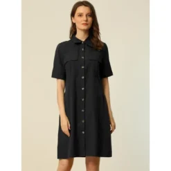 Allegra K Women's Safari Dress Collared Button Down Cotton Belted Shirtdress