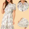Allegra K Women's Floral Ruffle Hem Short Sleeve A-Line Smocked Chiffon Dress