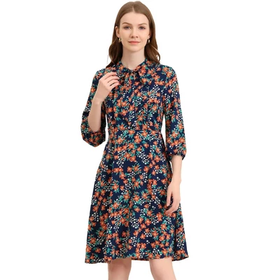 Allegra K Women's Floral Tie Neck 3/4 Sleeve Office Work Midi Flowy Flare Dress - Image 9