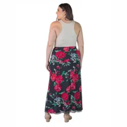 Plus Size Sheer Overlay Floral Print Elastic Waist Maxi Skirt
