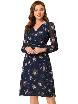 Allegra K Women's Boho Floral V Neck Tie Waist Long Sleeve Casual Chiffon Wrap Midi Dress - Image 6