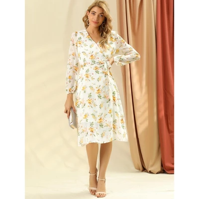 Allegra K Women's Boho Floral V Neck Tie Waist Long Sleeve Casual Chiffon Wrap Midi Dress - Image 2