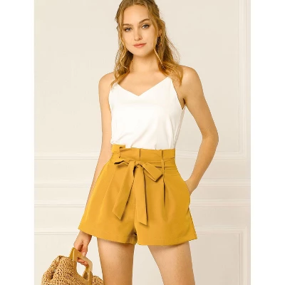 Allegra K Women's High Waist Bow Tie Short Paper Bag Shorts