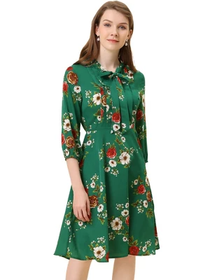 Allegra K Women's Floral Tie Neck 3/4 Sleeve Office Work Midi Flowy Flare Dress - Image 11