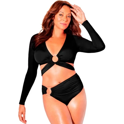 Swimsuits For All Women’s Plus Size O-Ring Long Sleeve Bikini Top - Image 4