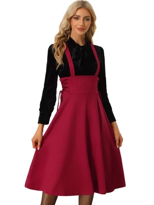 Allegra K Women's Brace High Waisted Lace Up Midi Suspender Skirt - Image 4