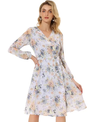 Allegra K Women's Boho Floral V Neck Tie Waist Long Sleeve Casual Chiffon Wrap Midi Dress - Image 9