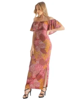Womens Off Shoulder Neckline Side Slit Abstract Print Maxi Dress