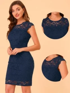 Allegra K Women's Elegant Stretch Knit Cap Sleeve Allover Floral Lace Bodycon Dress