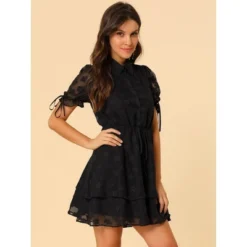 Allegra K Women's Peter Pan Collar Floral Drawstring Chiffon Layered Dress