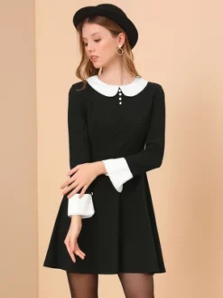 Allegra K Women's Peter Pan Collar Contrast Button Decor Long Sleeve Flare Dress