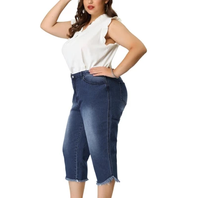 Agnes Orinda Women's Plus Size Casual Capri Frayed Hem Washed Chambray Denim Jean