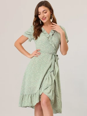 Allegra K Women's Floral Ruffle V Neck Tie Short Sleeve Wrap Midi Dresses