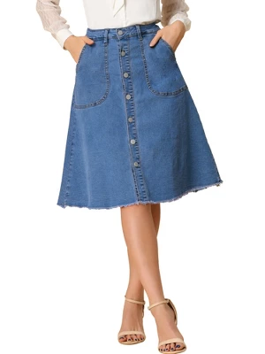 Allegra K Women's Denim Skirts Raw Hem Button Down Midi Jeans Skirt - Image 6