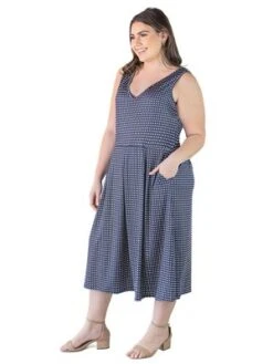 Plus Size Sleeveless Polka Dot Fit And Flare With Pockets Midi Dress